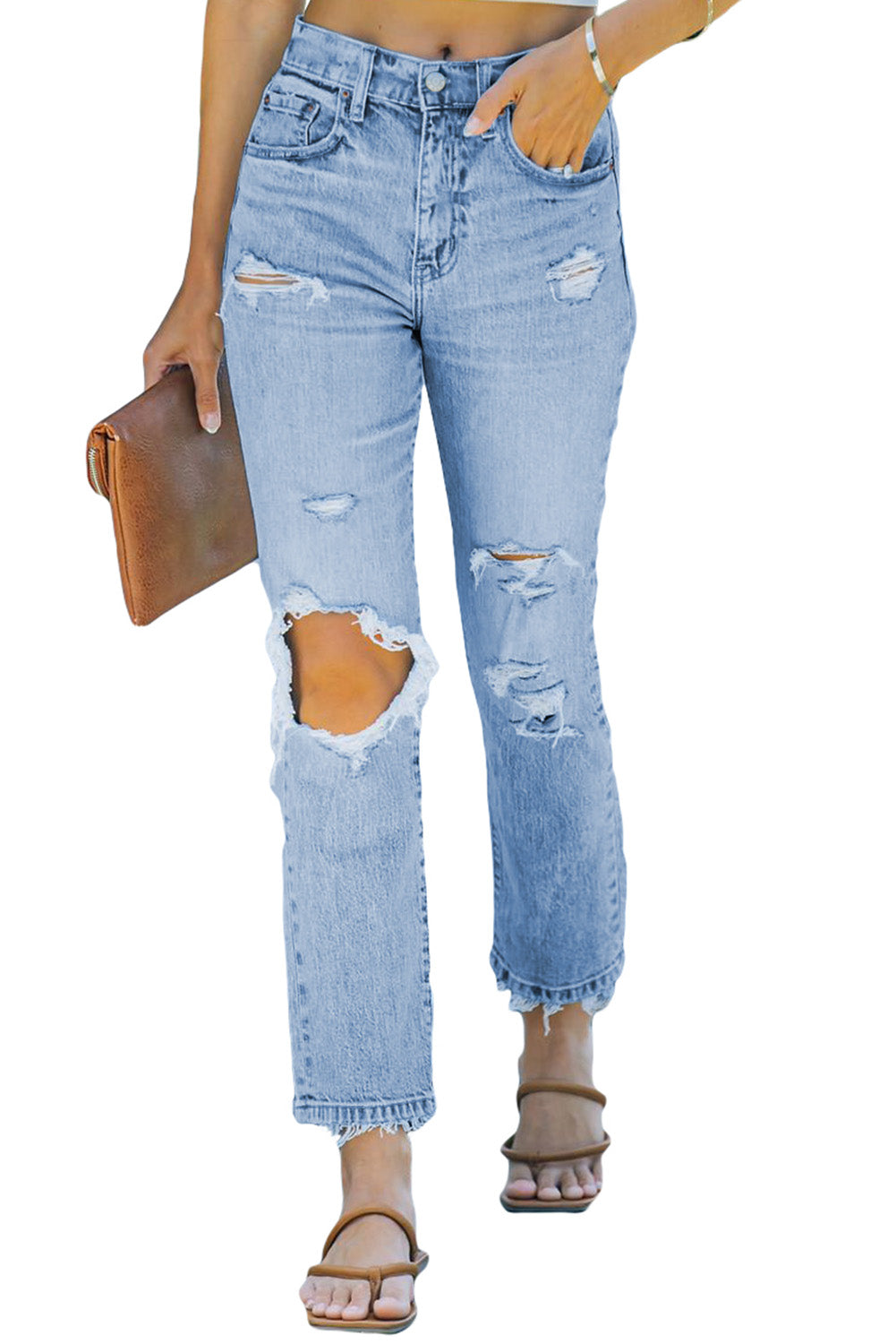 Honeybee Mumford's Light Blue Distressed Holes Straight Jeans