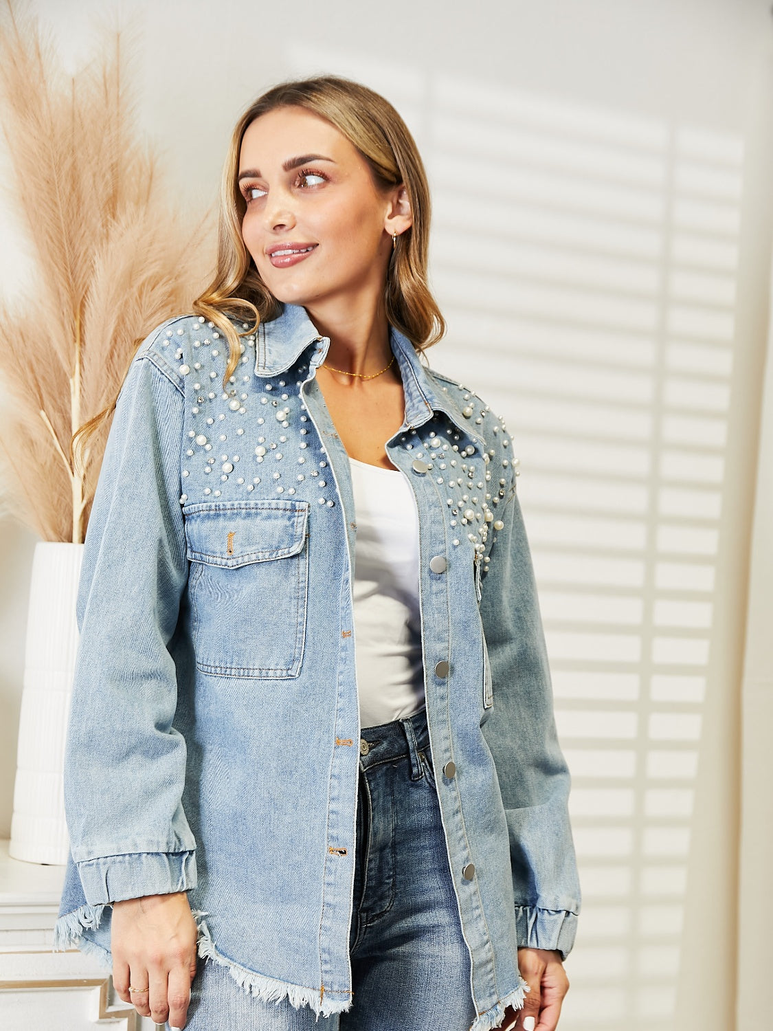 Honeybee Mumford's Collared Neck Raw Hem Dropped Shoulder Denim Jacket