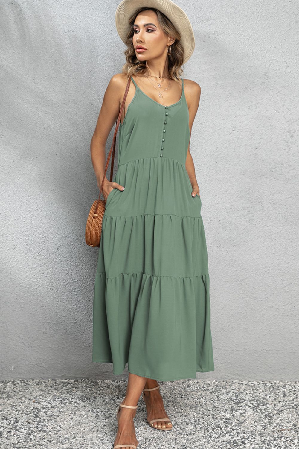 Honeybee Mumford's V-Neck Sleeveless Spaghetti Straps Midi Dress