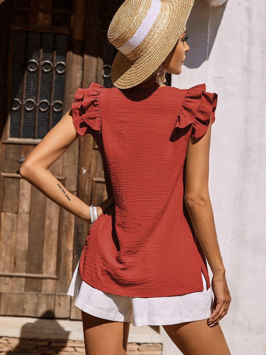 Honeybee Mumford's Ruffled V-Neck Cap Sleeve Blouse