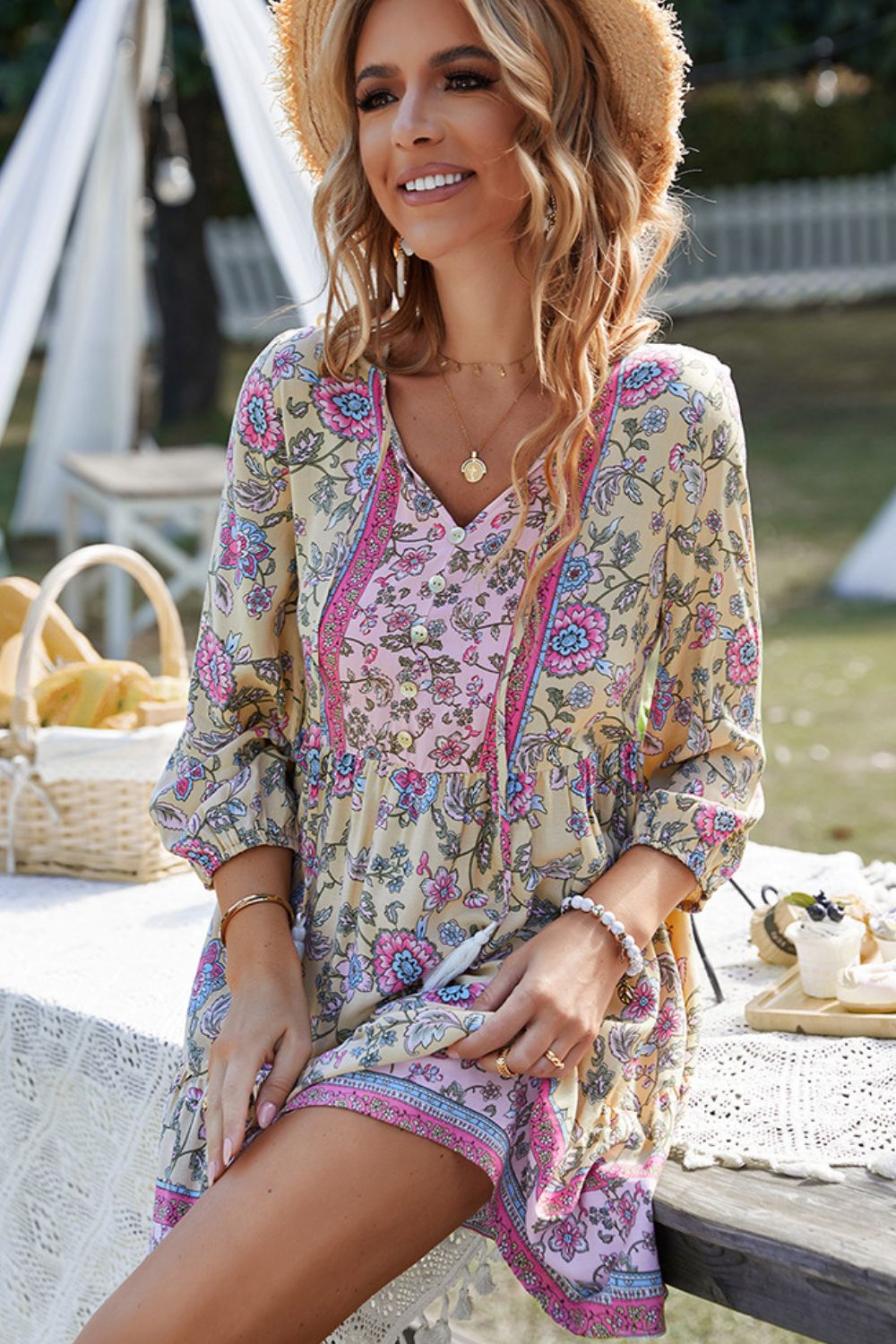 Honeybee Mumford's Floral Tied Balloon Sleeve Mini Dress