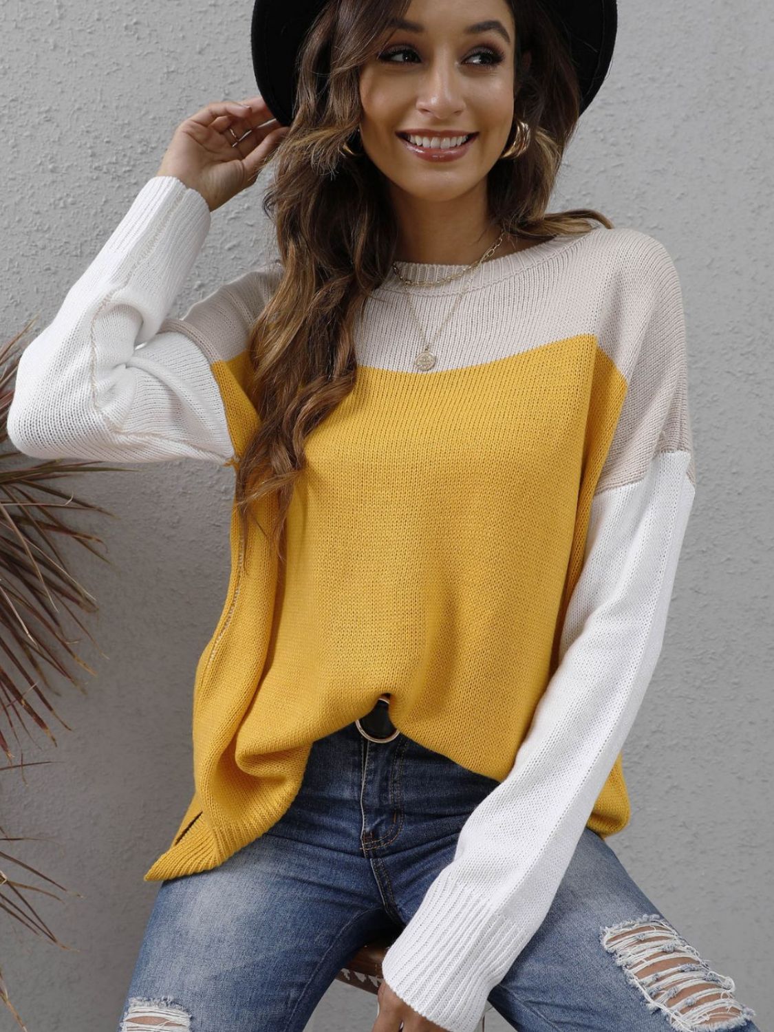 Honeybee Mumford's Color Block Round Neck Dropped Shoulder Sweater