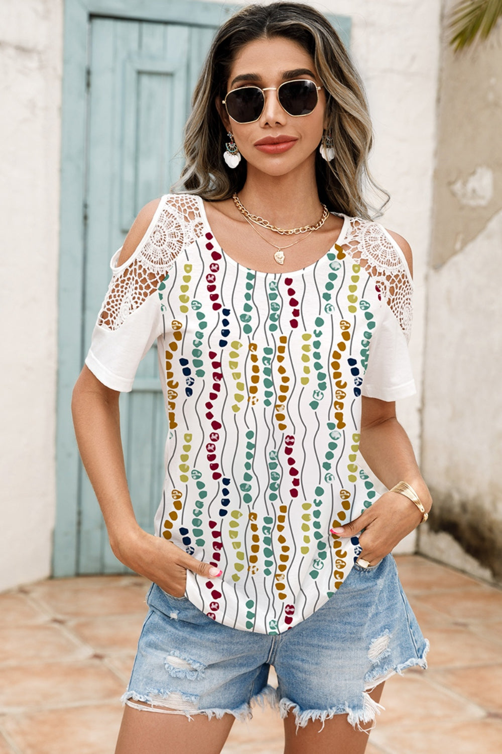 Honeybee Mumford's Lace Detail Round Neck Cold Shoulder Blouse