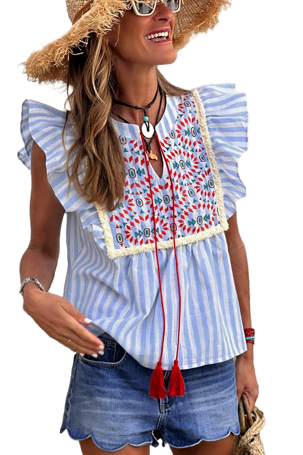 honeybee Mumford's Sky Blue Stripe Geo Pattern Embroidered Tassel Flutter Blouse