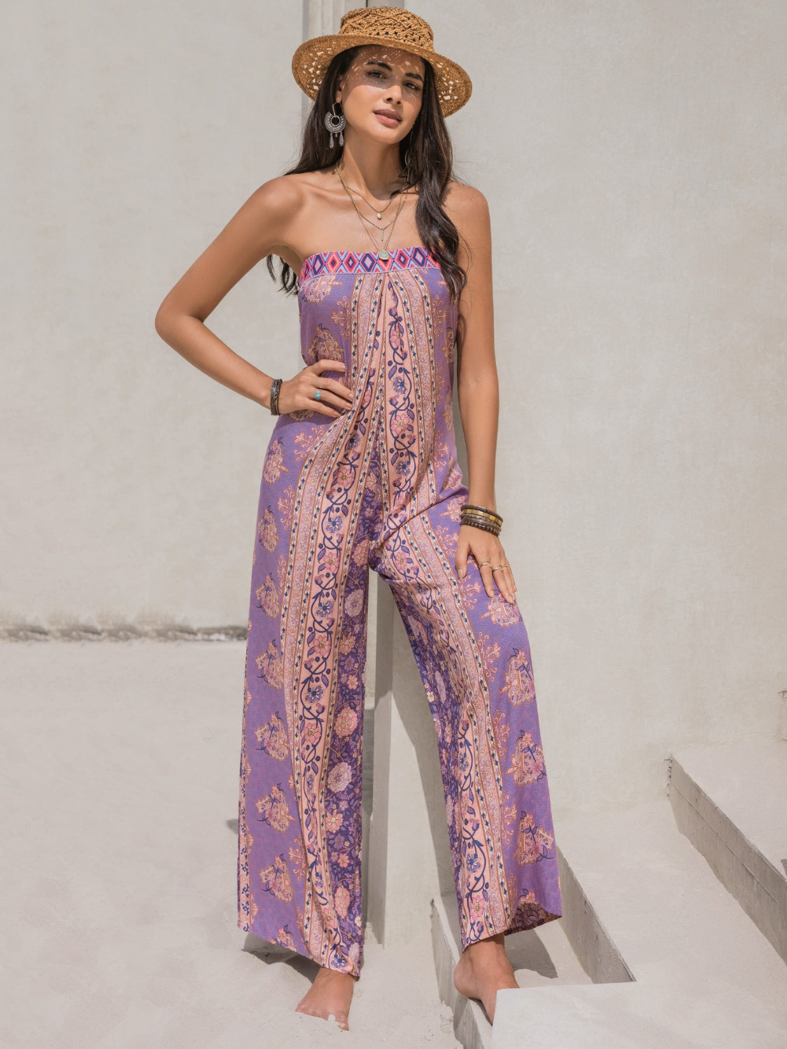 Honeybee Mumford's Tied Printed Tube Wide Leg Jumpsuit