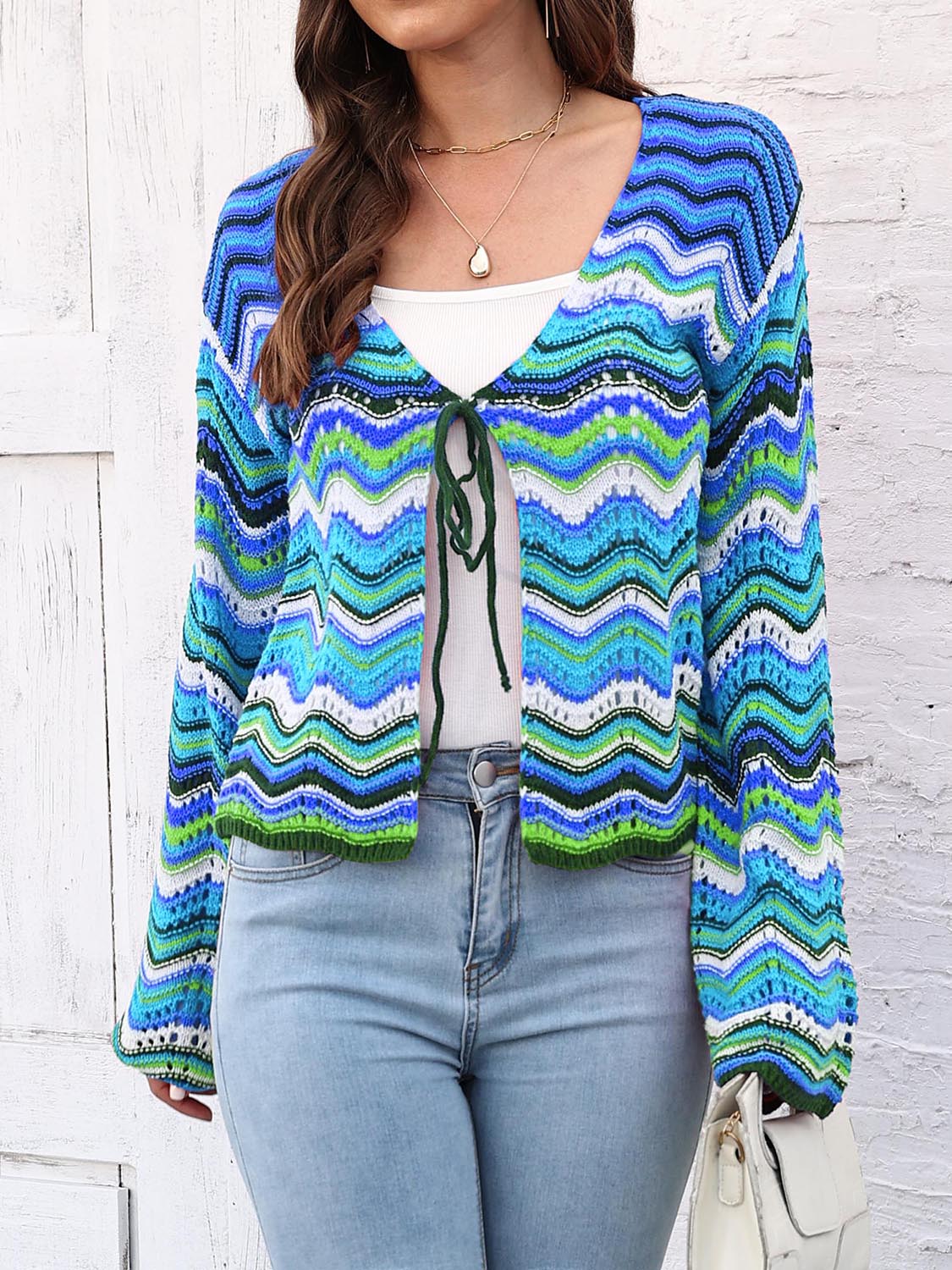 Honeybee Mumford's Striped Openwork Tied Cardigan