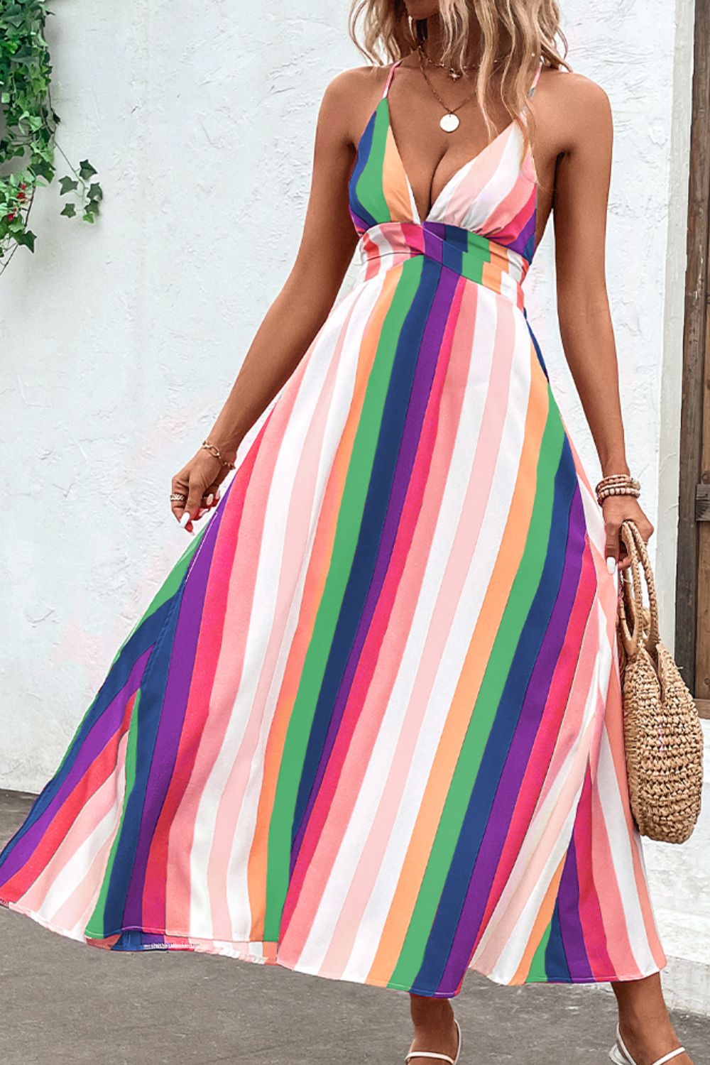 Honeybee Mumford's Multicolored Stripe Crisscross Backless Dress