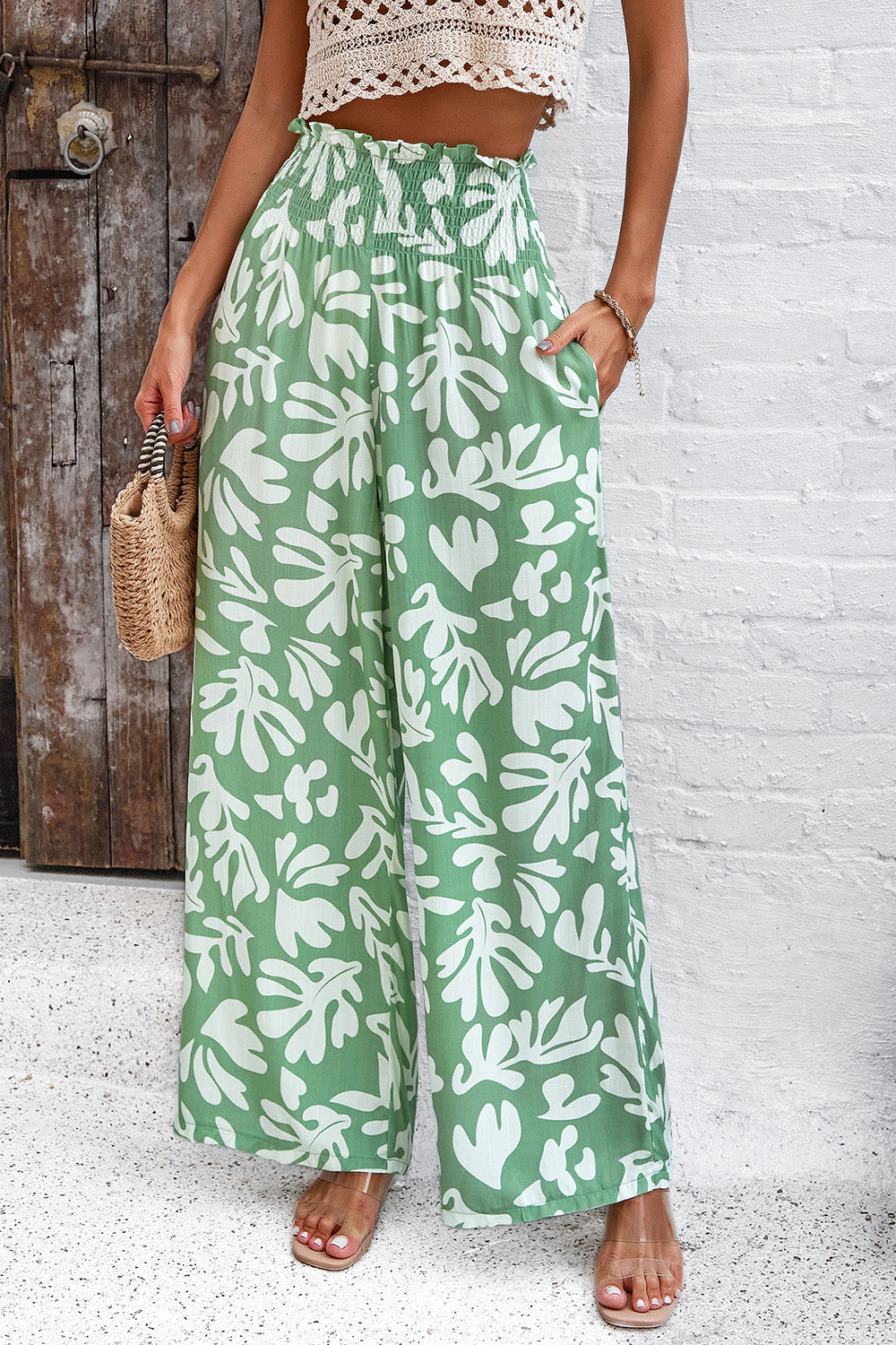 Honeybee Mumford's Smocked Printed Wide Leg Pants with Pockets