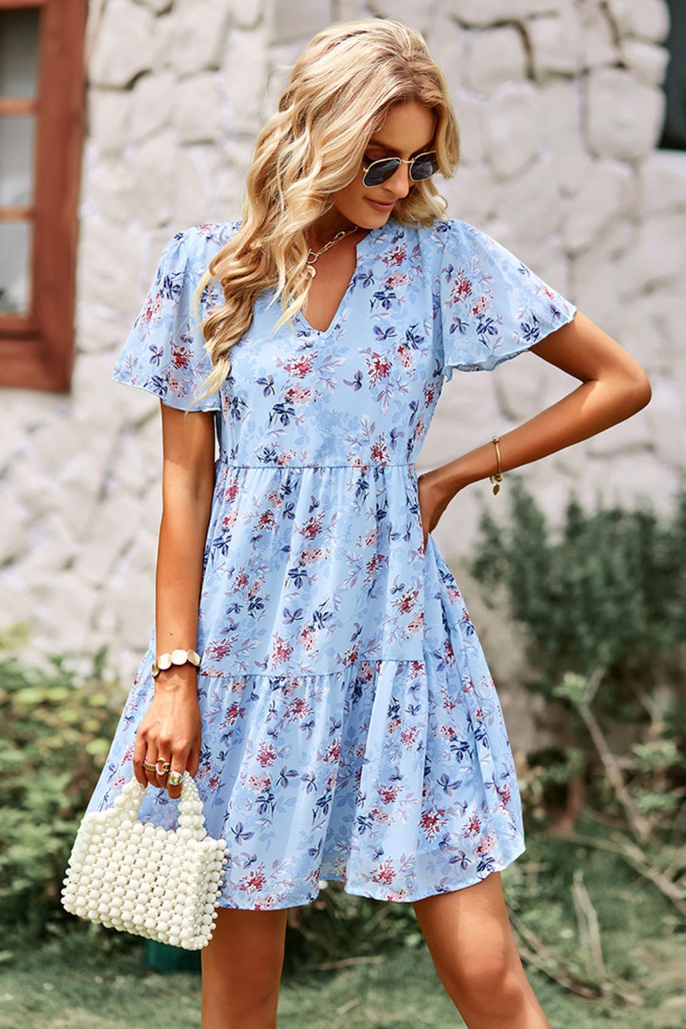 Honeybee Mumford's Floral Notched Flutter Sleeve Mini Dress