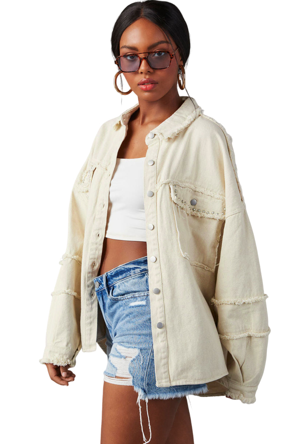 Honeybee Mumford's White Frayed Exposed Seam Denim Jacket