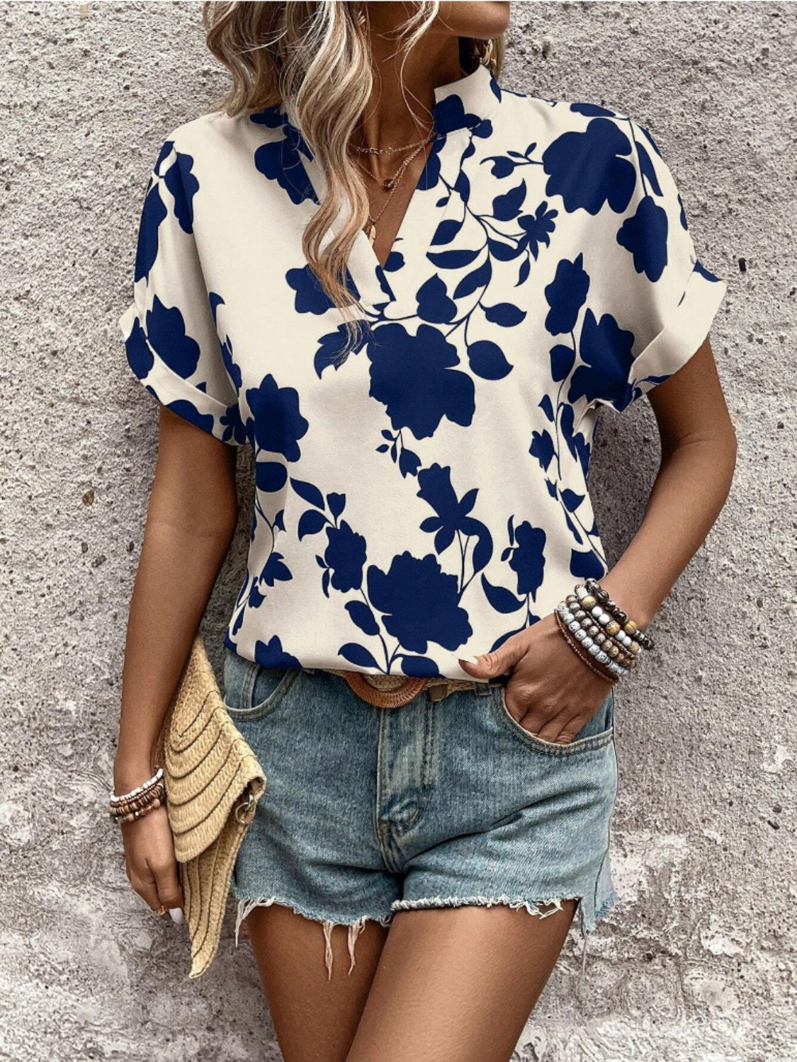 Honeybee Mumford's Flower Notched Short Sleeve Blouse