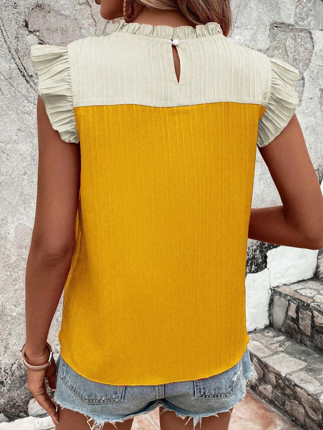 Honeybee Mumford's Frill Contrast Round Neck Cap Sleeve Blouse