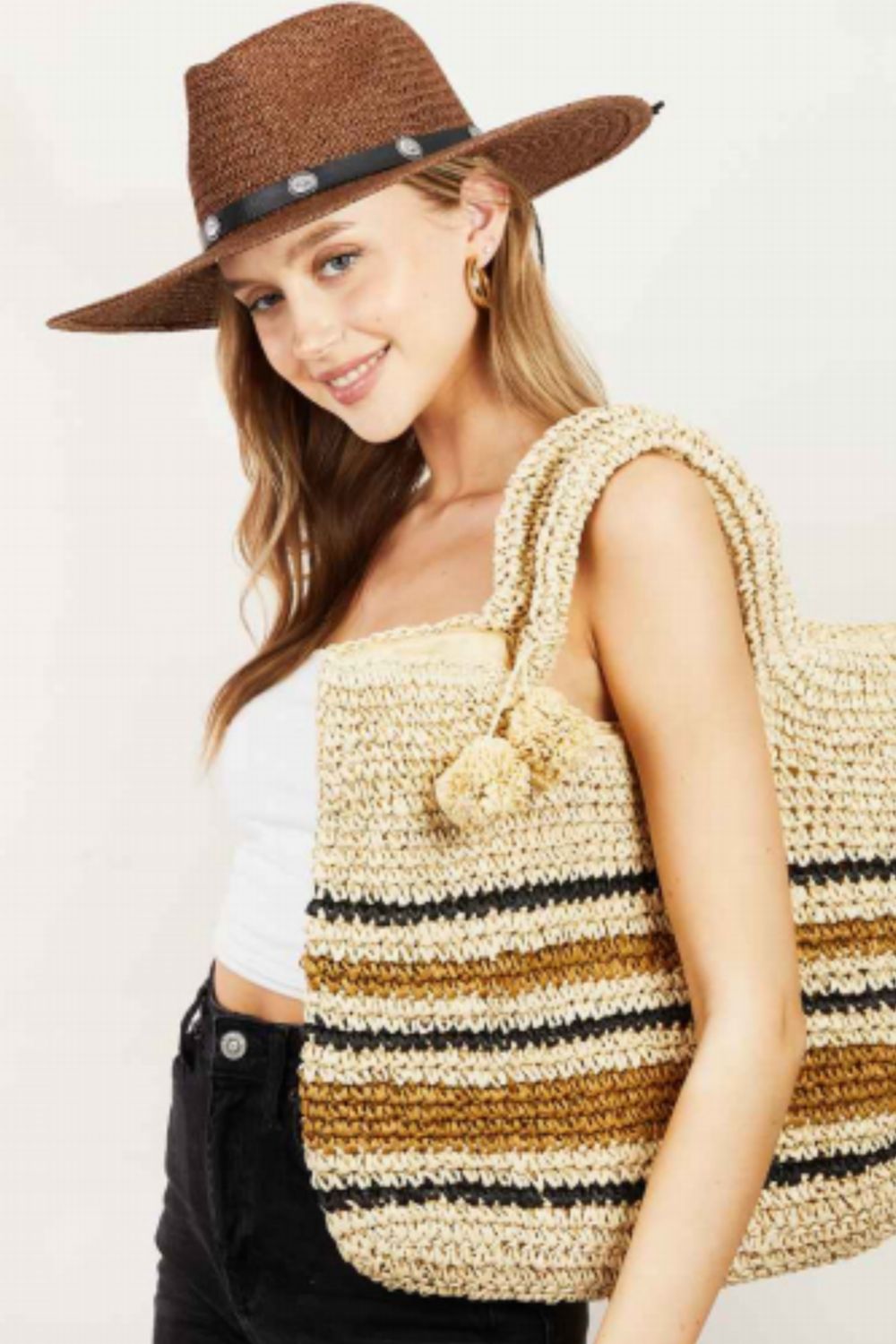 Honeybee Mumford's Striped Straw Braided Tote Bag