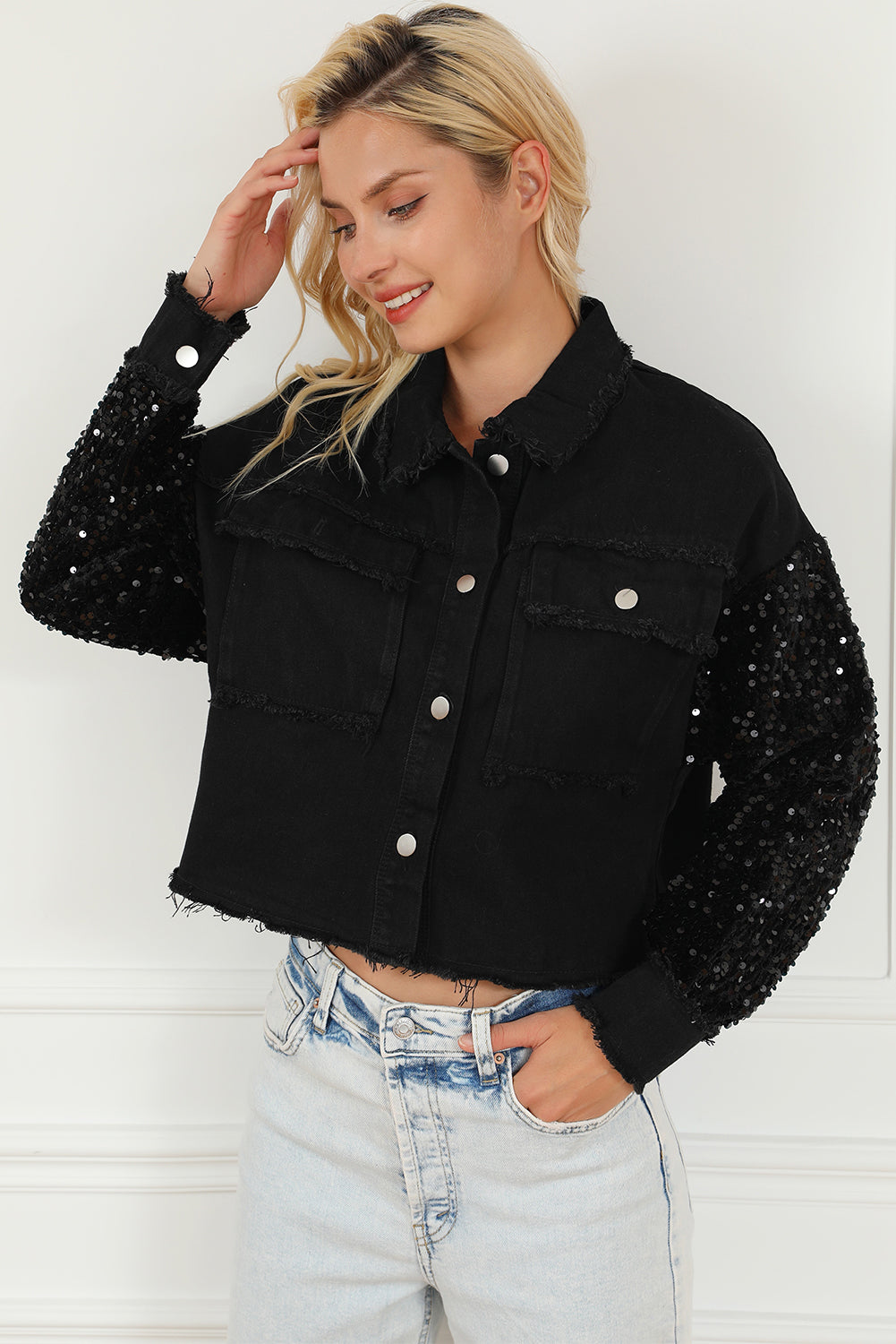 Honeybee Mumford's Sequin Button Up Raw Hem Denim Jacket