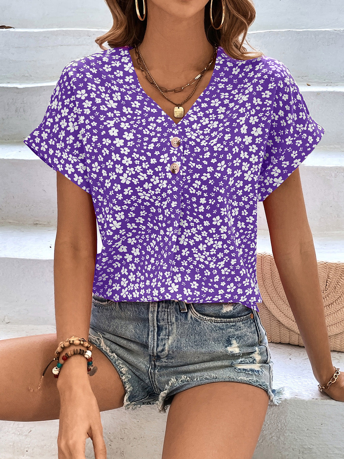 Honeybee Mumford's Printed V-Neck Short Sleeve Blouse