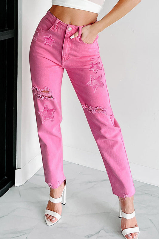 Honeybee Mumford's Pink Star Shape Patchwork Mid Waist Straight Leg Jeans