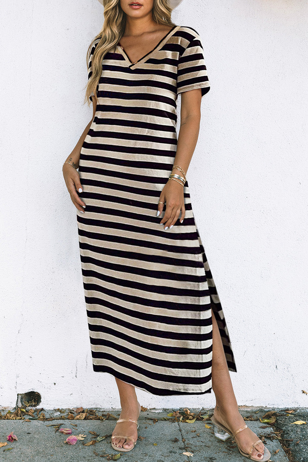 Honeybee Mumford's Striped V-Neck Short Sleeve Side Slit Dress