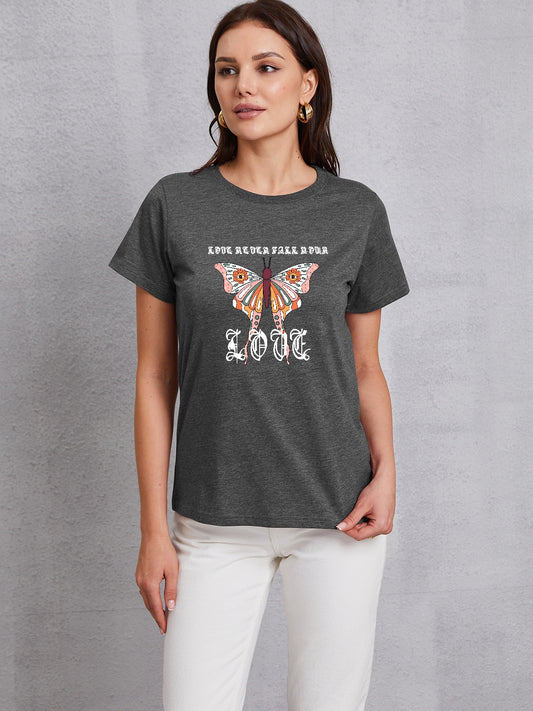 honeybee Mumford's Graphic Butterfly Short Sleeve T-Shirt w/ Round Neck in Dark Gray , Black , White