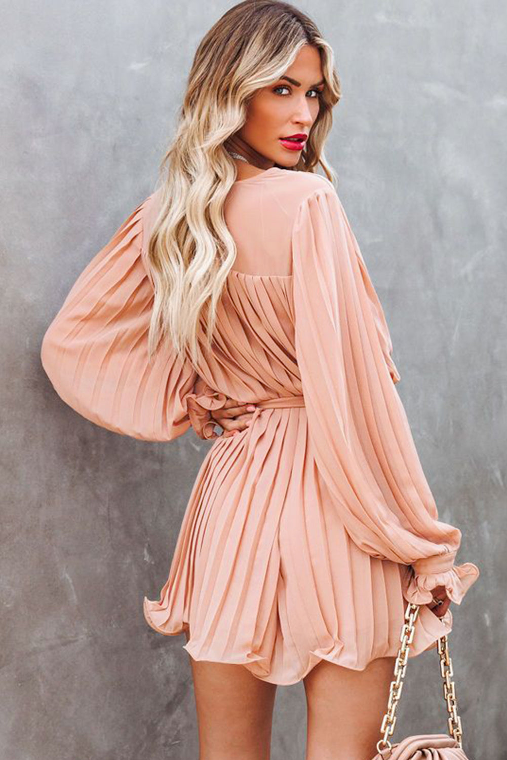 Honeybee Mumford's Pink Pleated Ruffled Tie Waist Buttons V Neck Romper