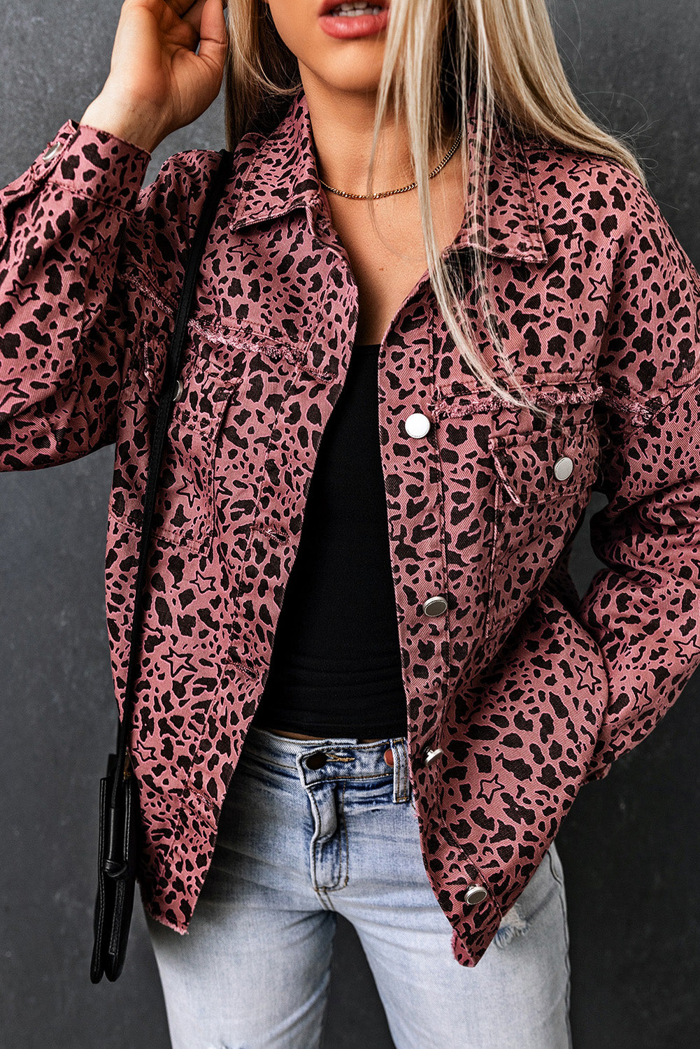 Honeybee Mumford's Leopard Raw Hem Button Up Denim Jacket