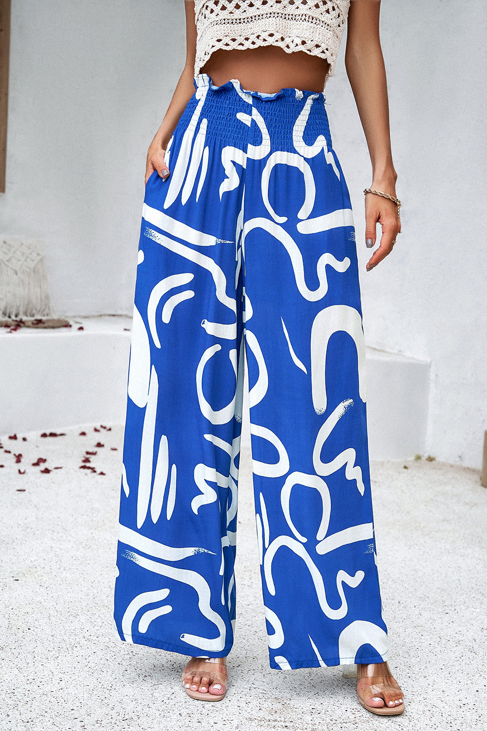 Honeybee Mumford's Smocked Printed Wide Leg Pants with Pockets