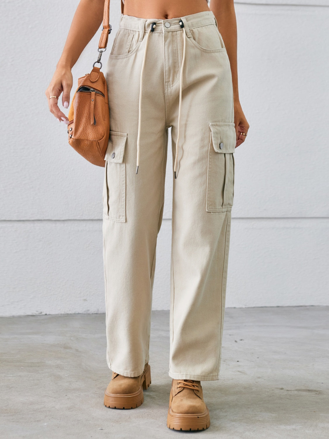 Honeybee Mumford's Drawstring Mid-Rise Waist Straight Cargo Jeans