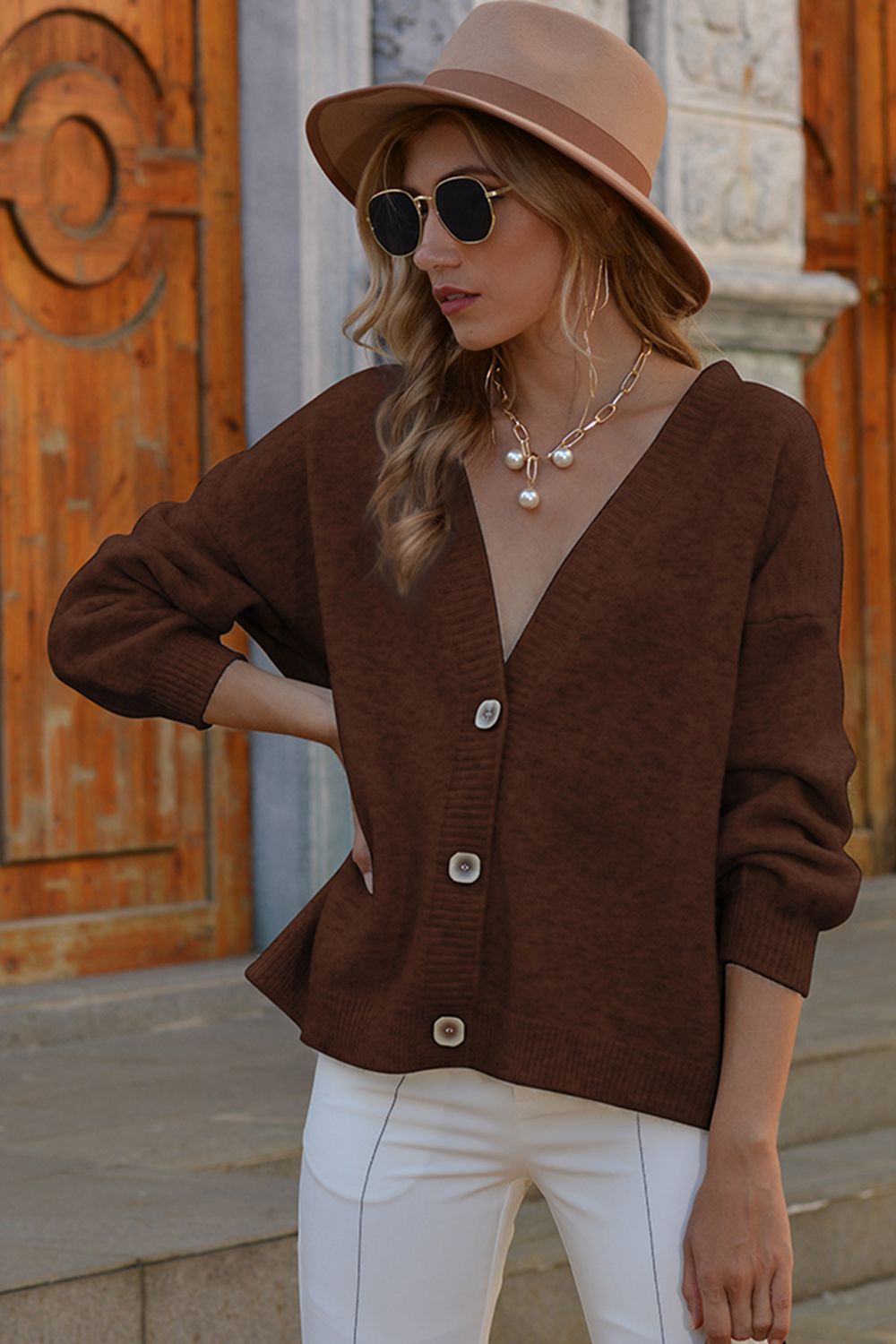 Honeybee Mumford's V-Neck Button-Down Dropped Shoulder Cardigan