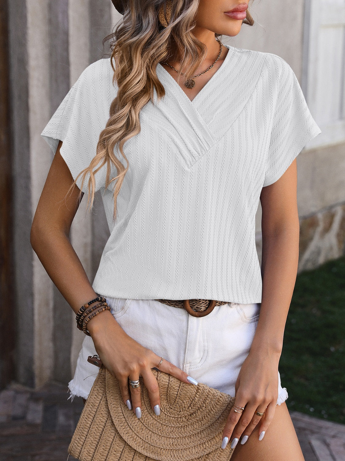 Honeybee Mumford's Textured Surplice Short Sleeve Blouse