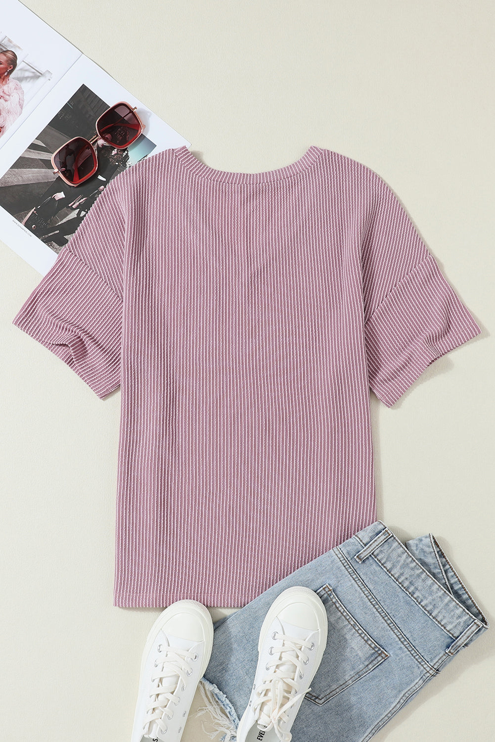 Honeybee Mumford's Purple Valerian Corded V Neck Chest Pocket Loose T-shirt