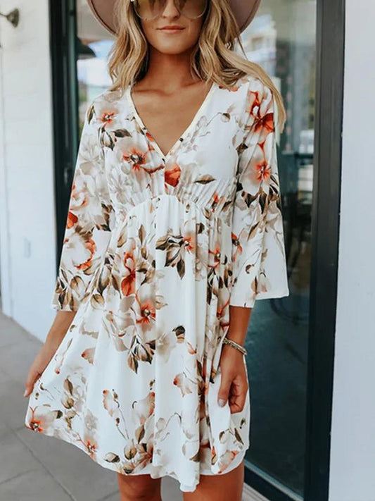 Honeybee Mumford's Floral V-Neck Three-Quarter Sleeve Dress