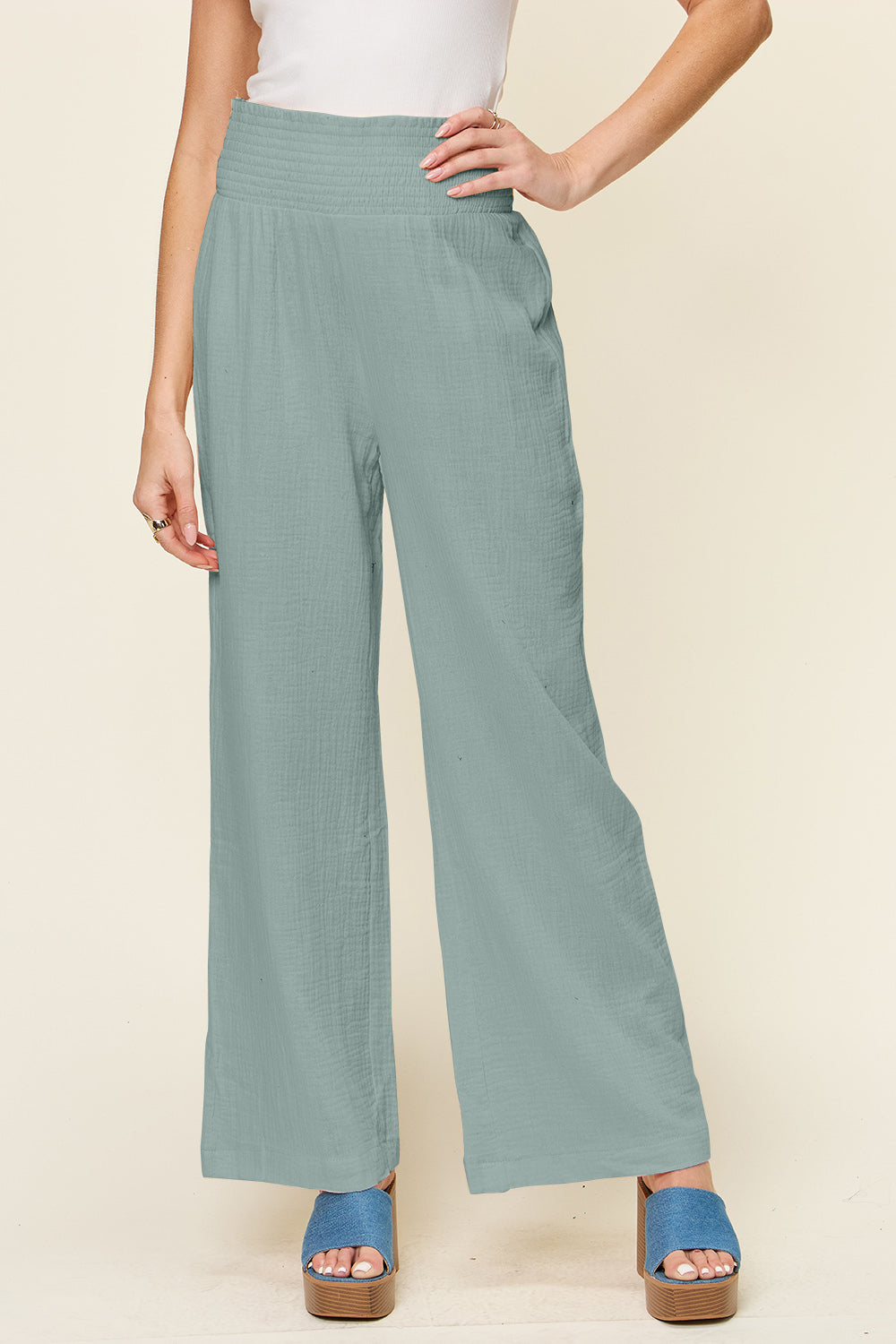 Honeybee Mumford's Full Size Texture Smocked Waist Wide Leg Pants