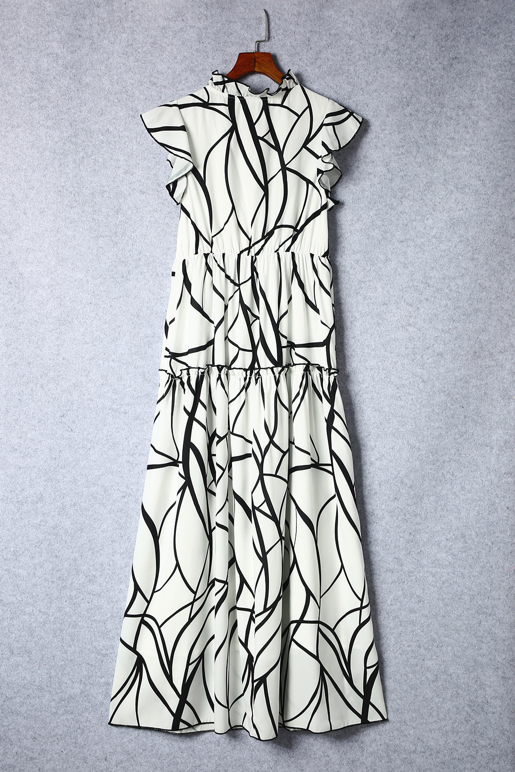 Honeybee Mumford's White Abstract Vein Print V Neck Ruffle Maxi Dress