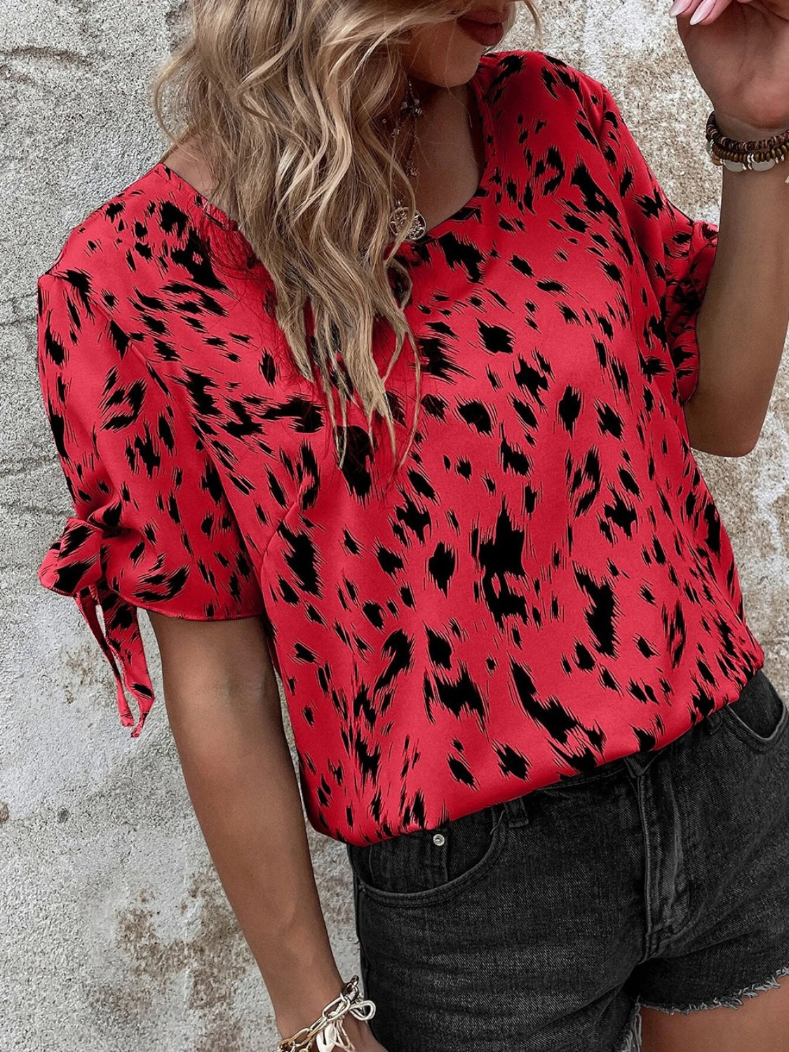 Honeybee Mumford's Tied Printed Boat Neck Blouse