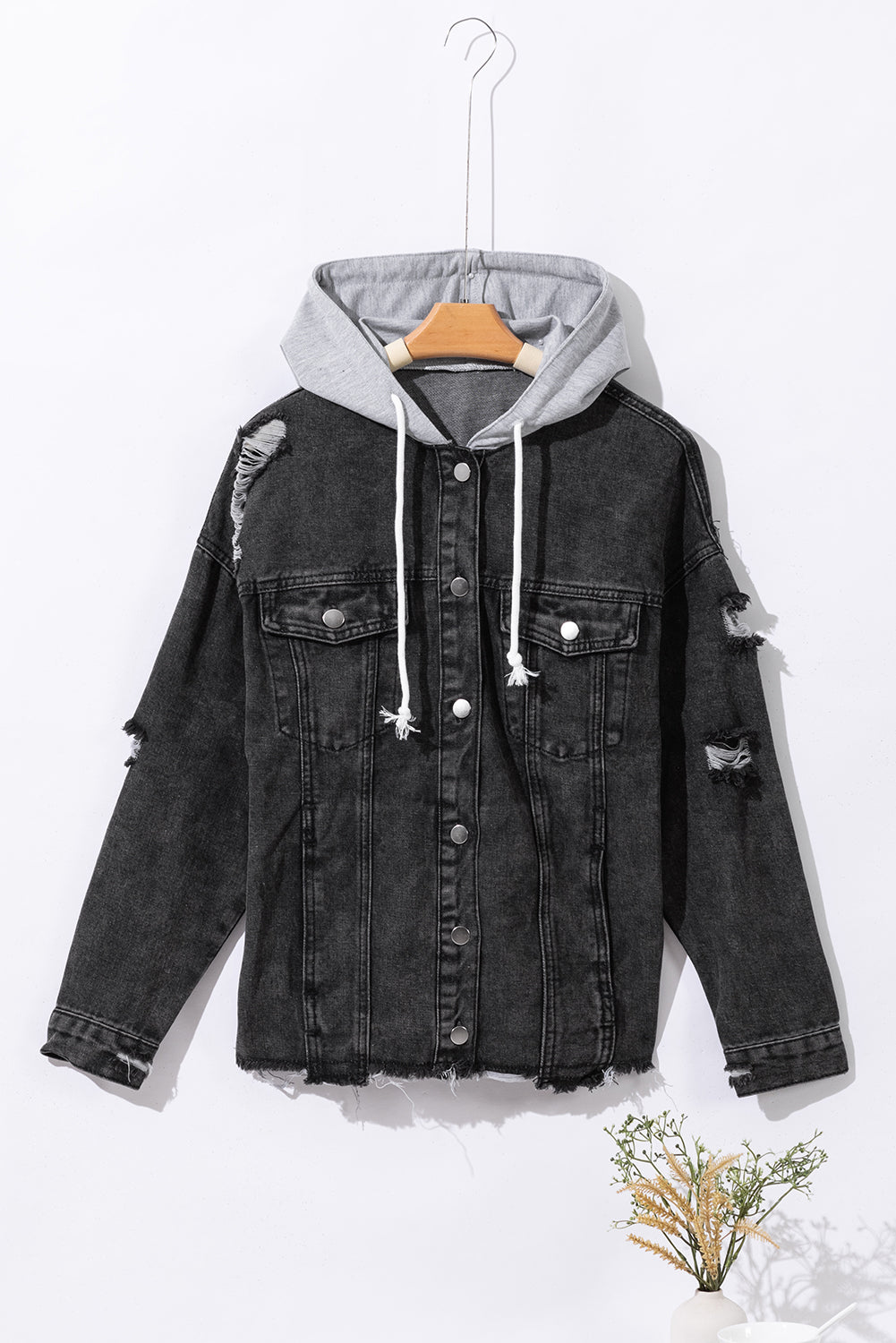 Honeybee Mumford's Black Drawstring Hooded Frayed Denim Jacket