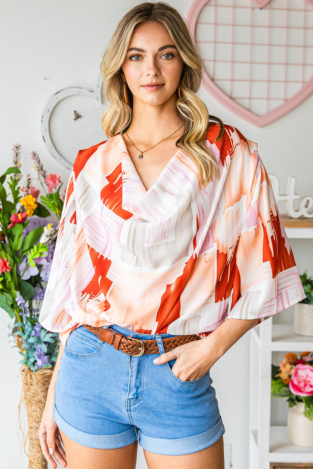 Honeybee Mumford's Printed Cowl Neck Half Sleeve Blouse