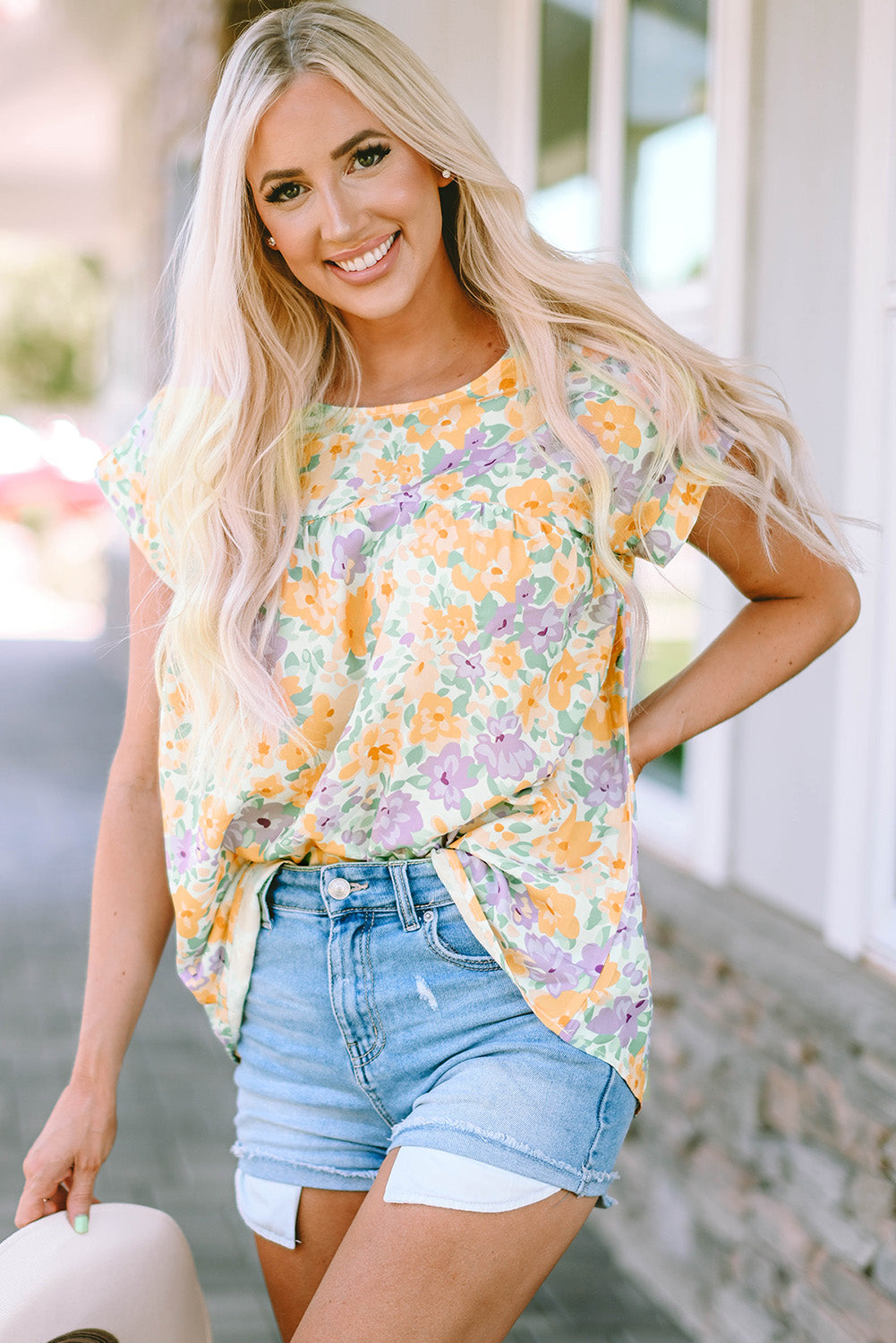 Honeybee Mumford's Printed Round Neck Cap Sleeve Blouse