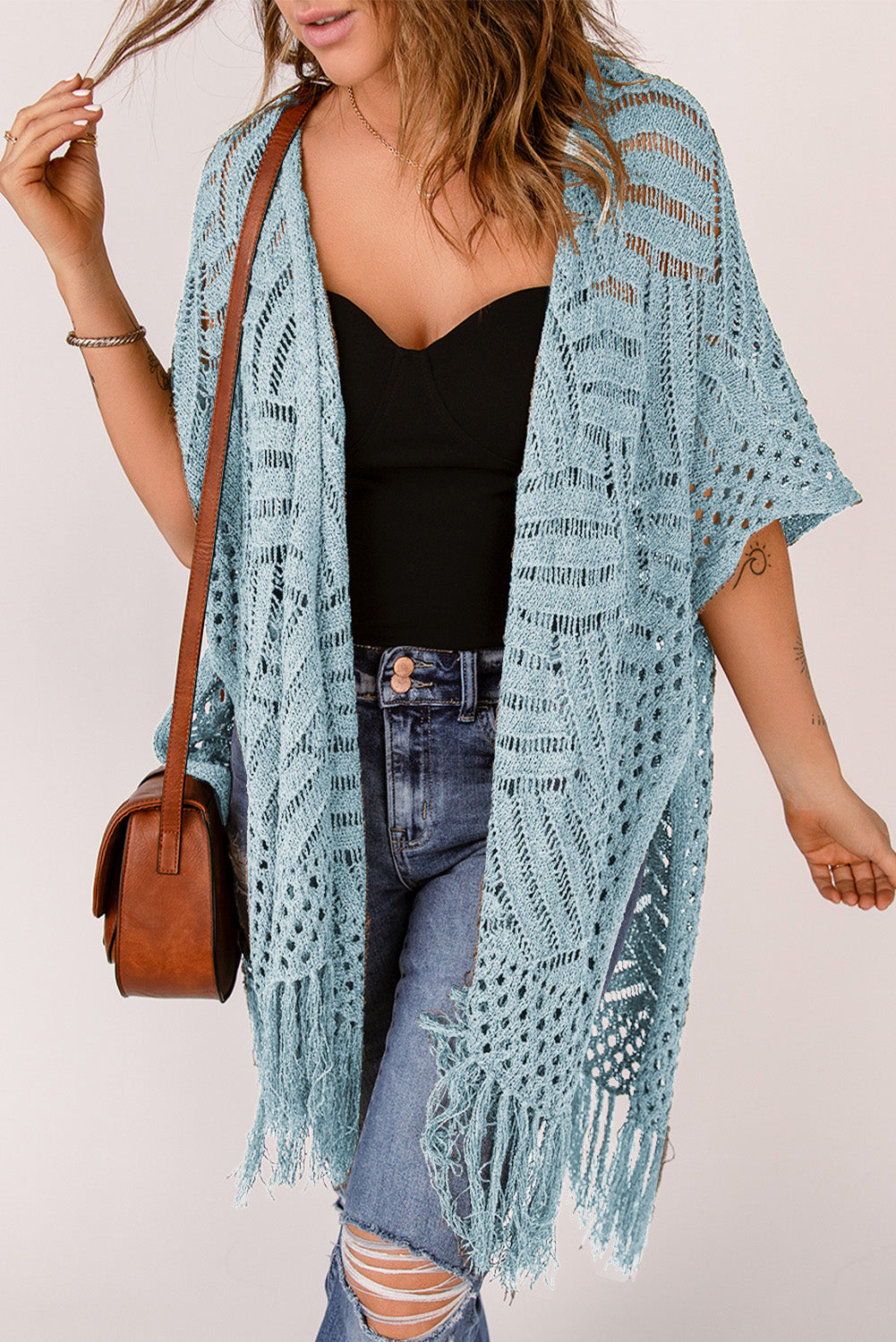 Honeybee Mumford's Openwork Open Front Cardigan with Fringes