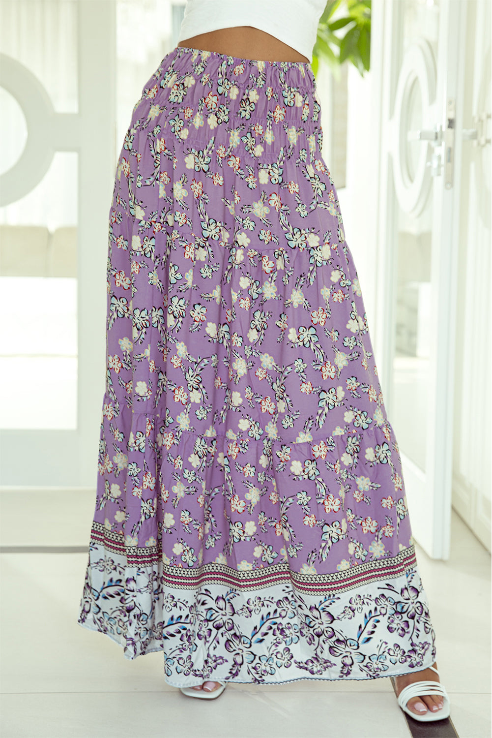 Honeybee Mumford's Purple Floral Print Shirred High Waist Maxi Skirt