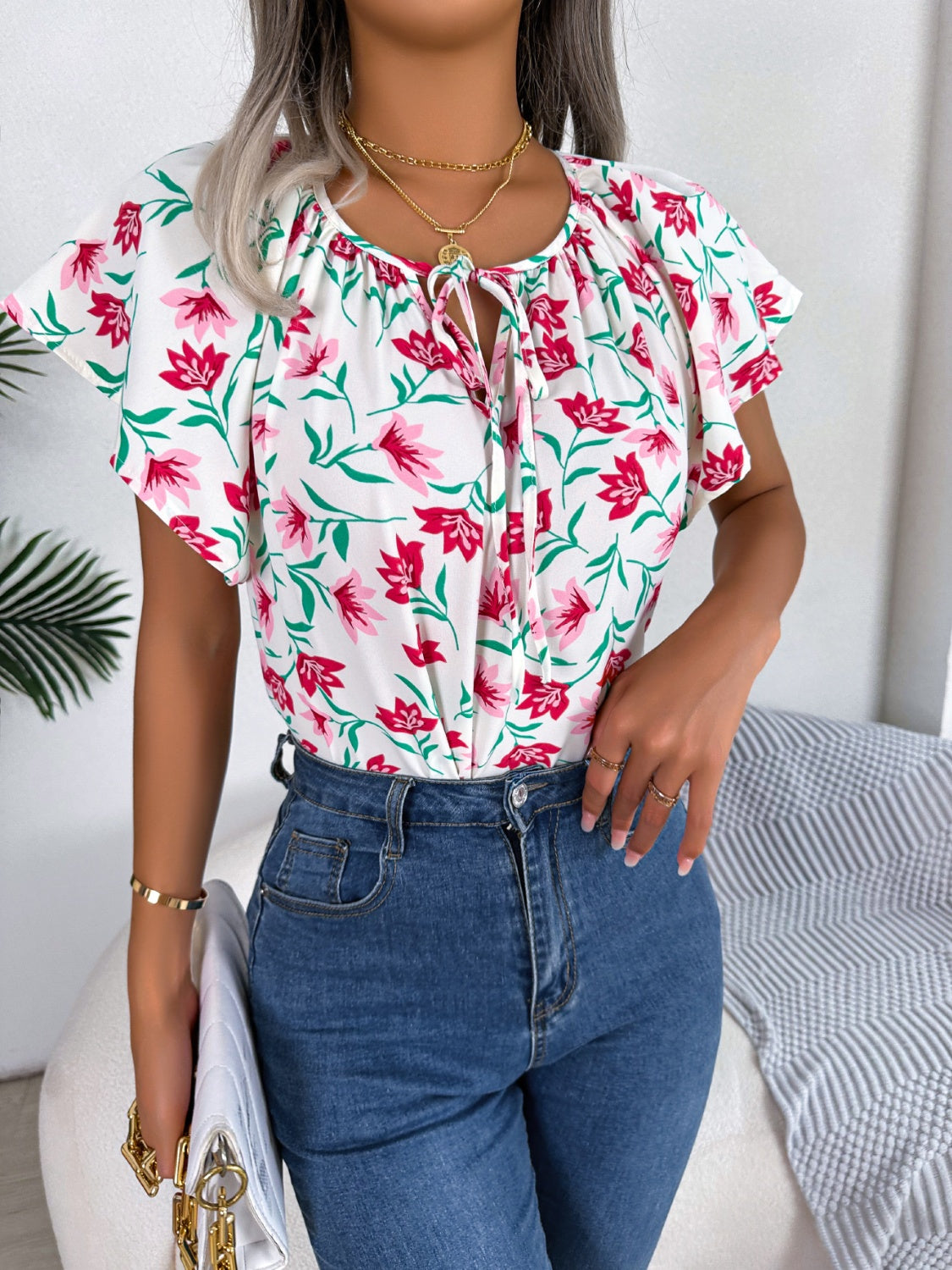 Honeybee Mumford's Floral Tie Neck Flutter Sleeve Blouse