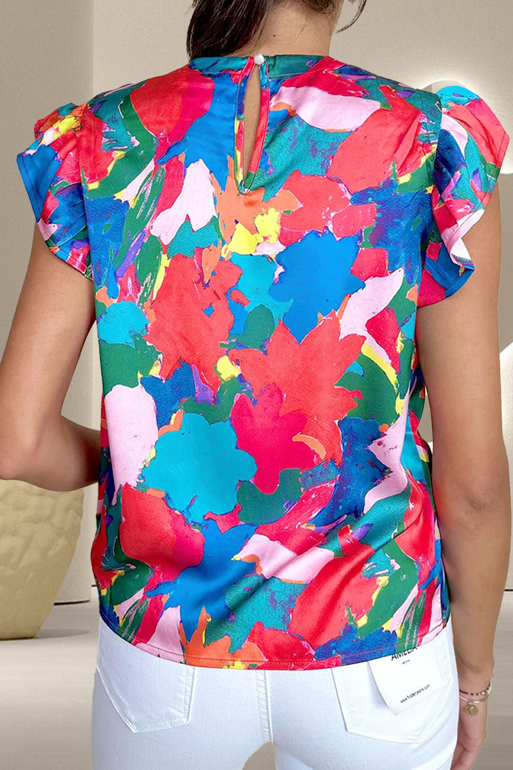 Honeybee Mumford's Ruffled Abstract Print Round Neck Cap Sleeve Blouse