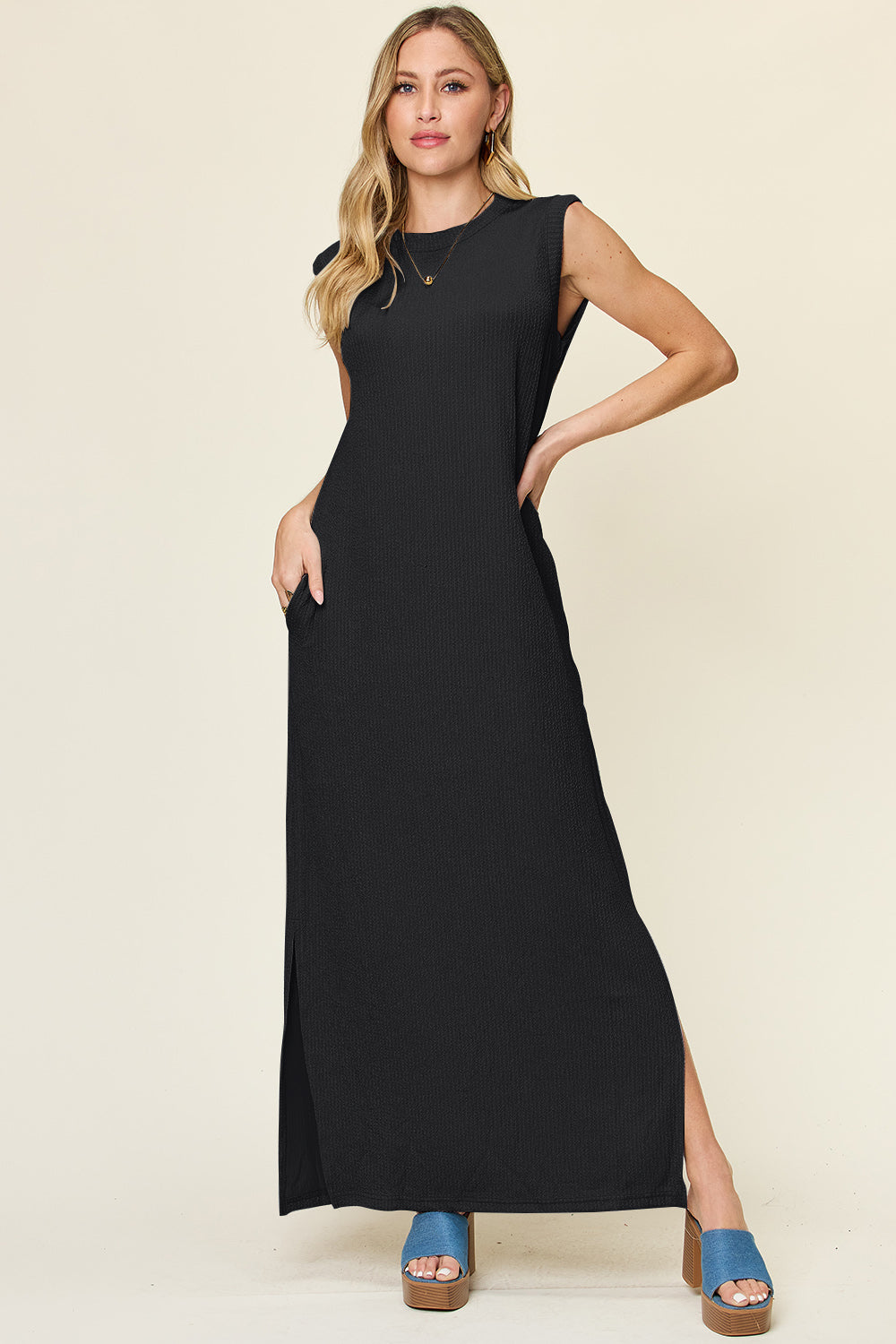 Honeybee Mumford's Full Size Texture Mock Neck Sleeveless Maxi Dress