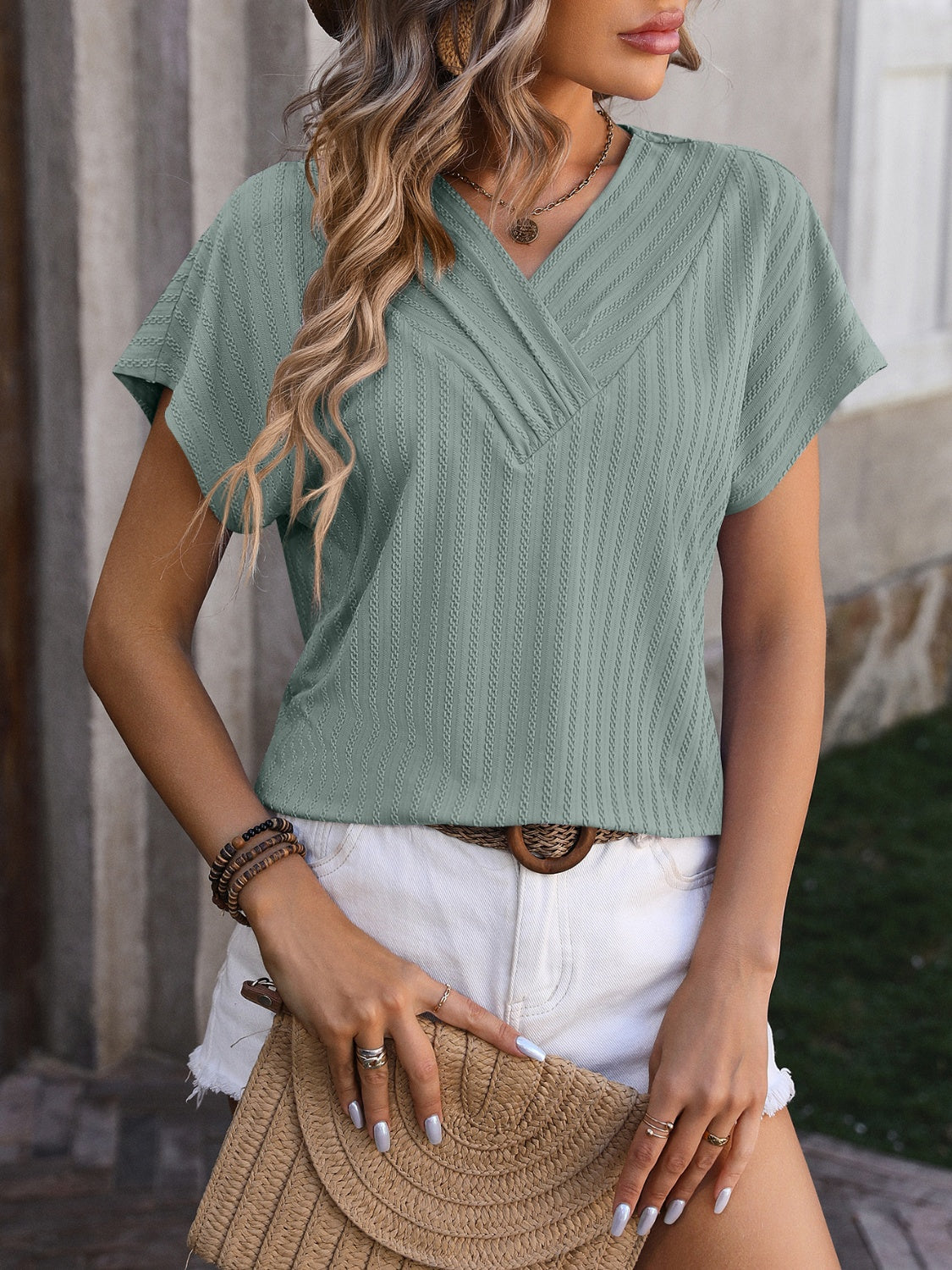 Honeybee Mumford's Textured Surplice Short Sleeve Blouse