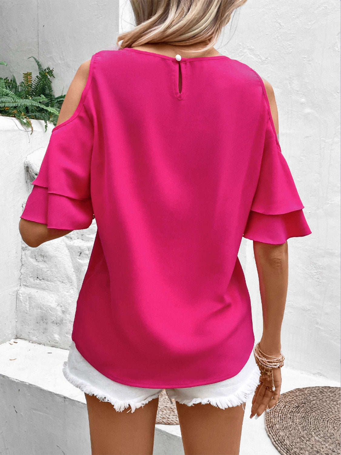 Honeybee Mumford's Cold Shoulder Flounce Sleeve Blouse