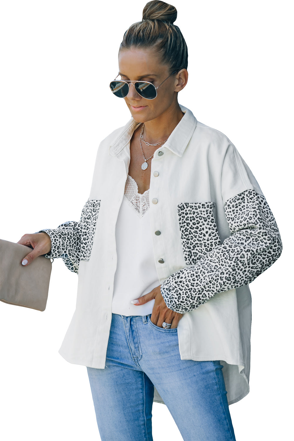 Honeybee Mumford's White Contrast Leopard Denim Jacket