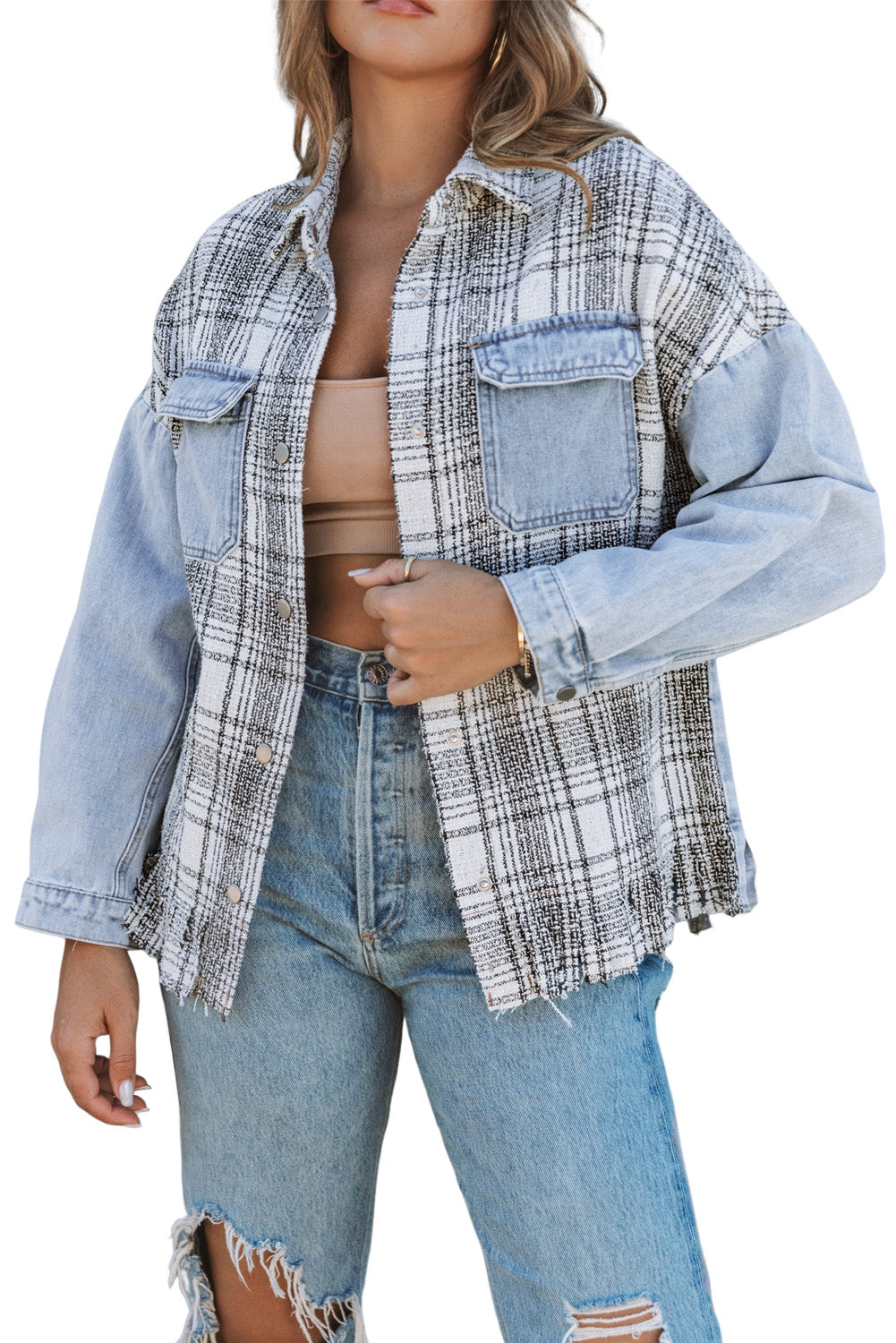 Honeybee Mumford's Sky Blue Plaid Patchwork Fringed Flap Pockets Denim Jacket