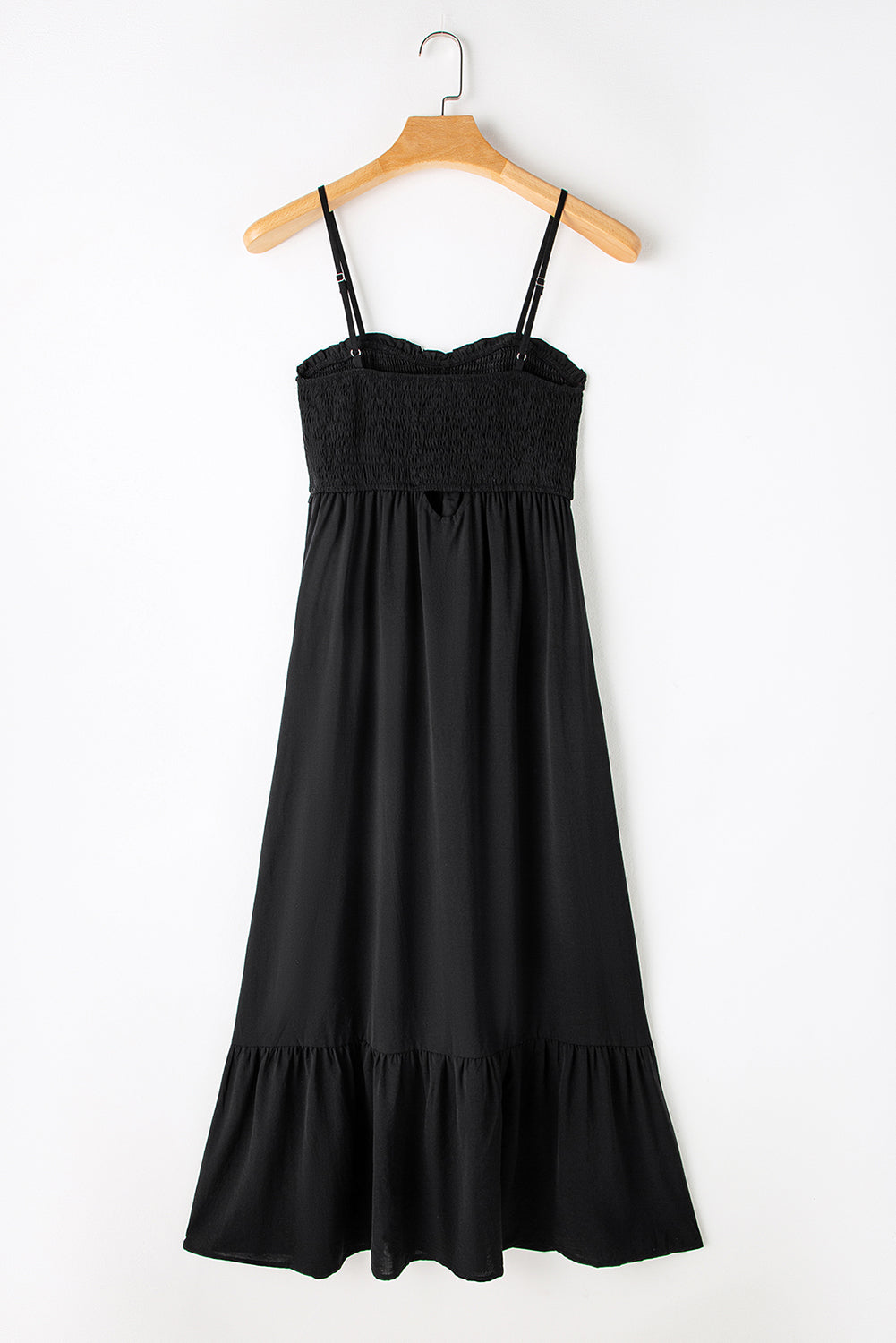 Honeybee Mumford's Black Spaghetti Straps Smocked Front Slit Buttoned Dress