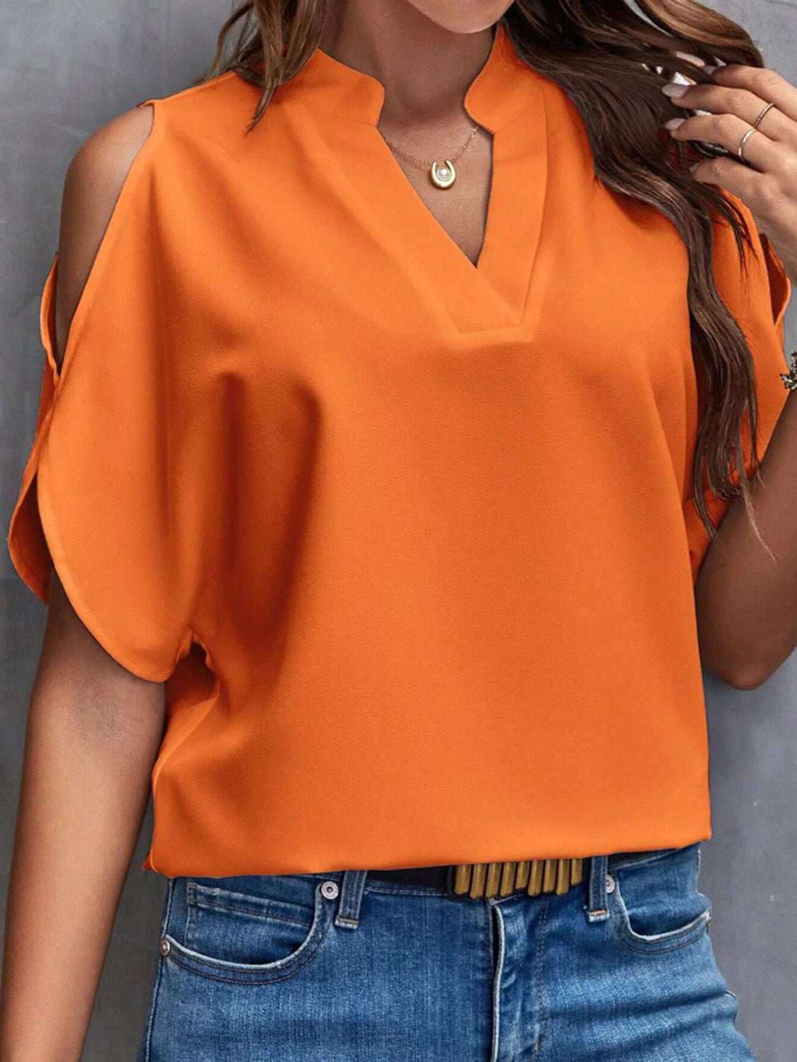 Honeybee Mumford's Notched Cold Shoulder Half Sleeve Blouse