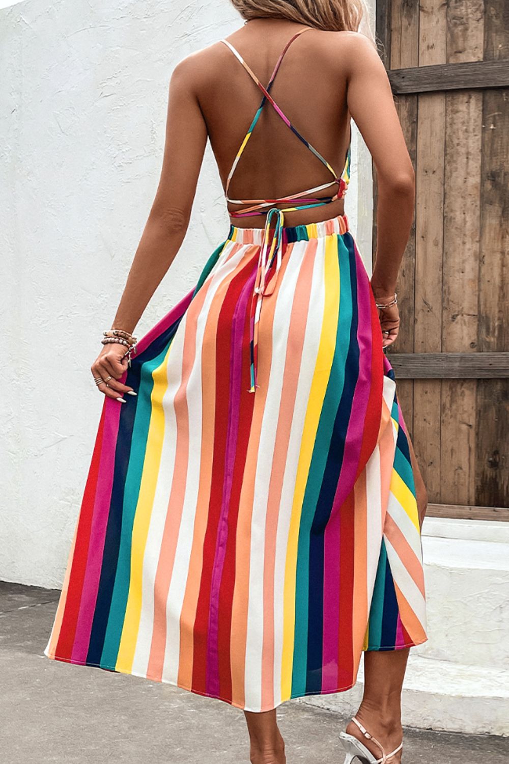 Honeybee Mumford's Multicolored Stripe Crisscross Backless Dress