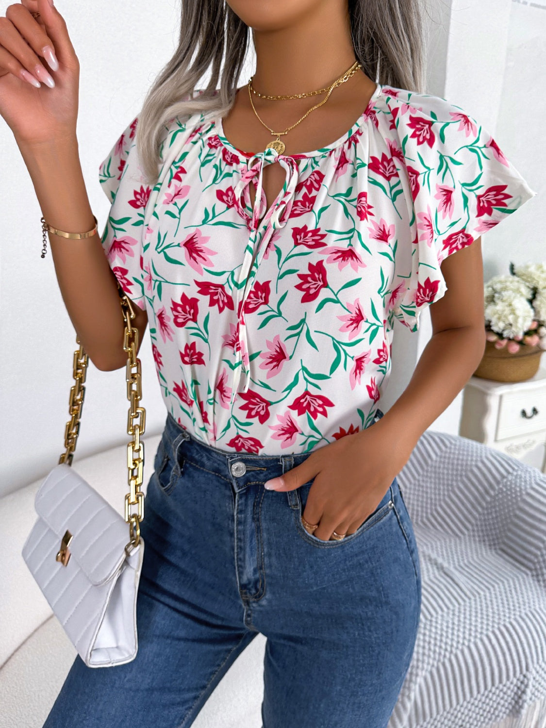 Honeybee Mumford's Floral Tie Neck Flutter Sleeve Blouse