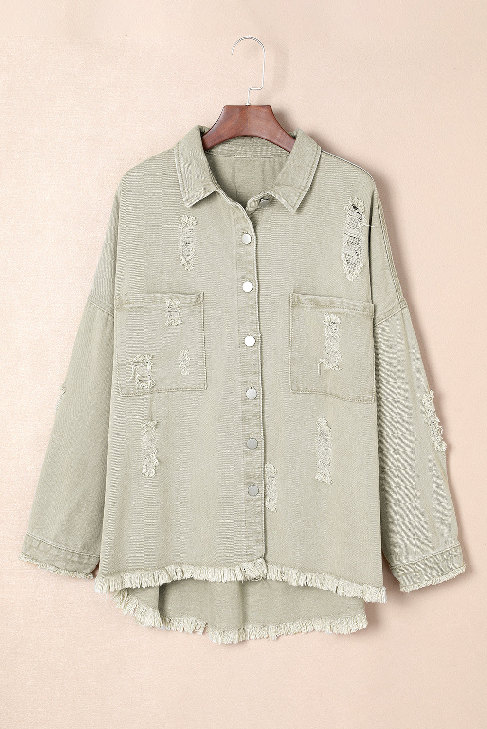 Honeybee Mumford's Green Distressed Fringe Trim Denim Jacket